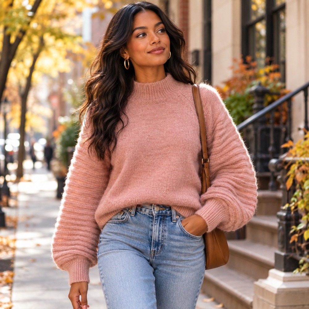 Sofie the Label Gabrielle Pink Knit Sweater S NWT Balloon Sleeve Mock Neck